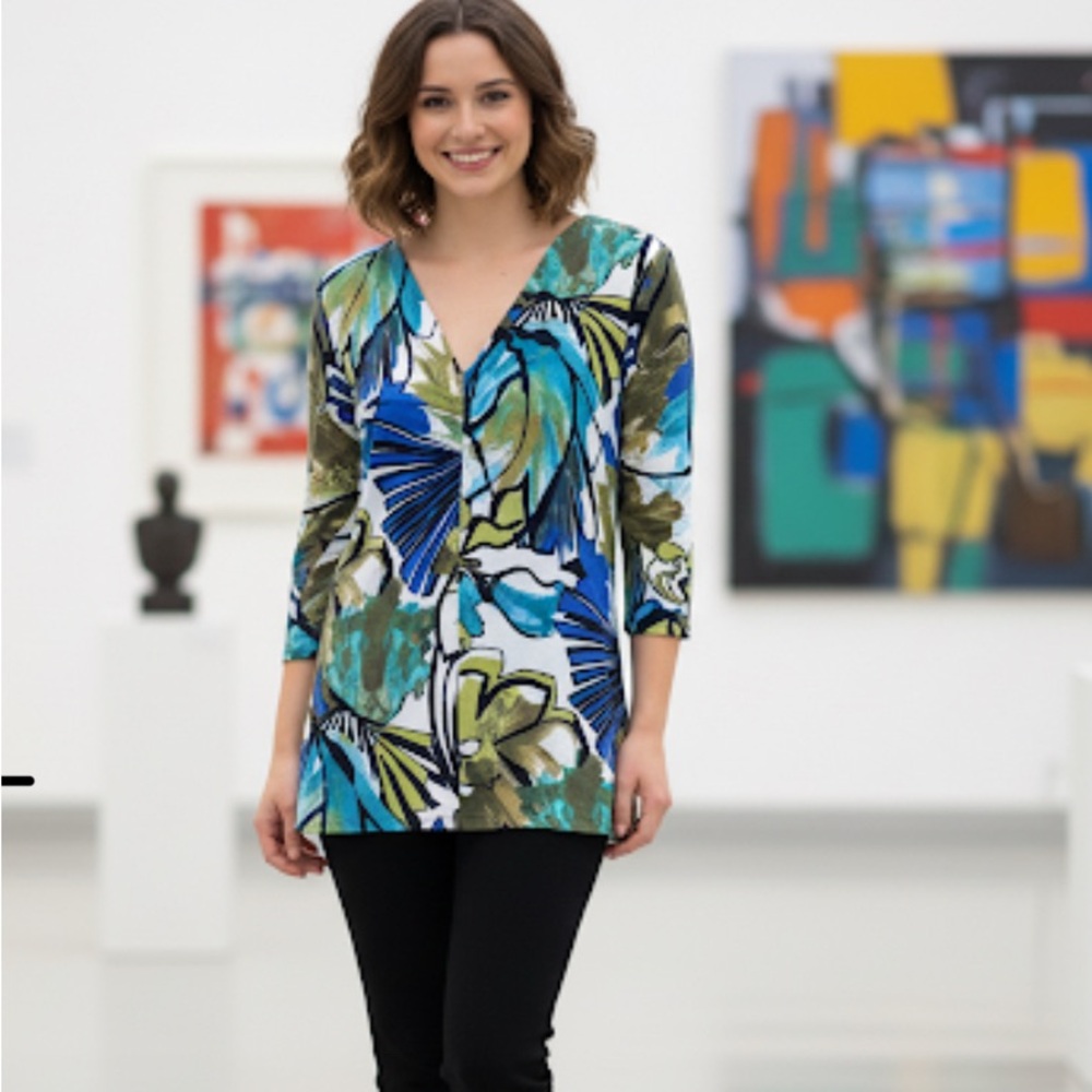 Wheels Abstract Retro Blouse V-neck L USA made Coastal Resort Artsy Festival Y2K